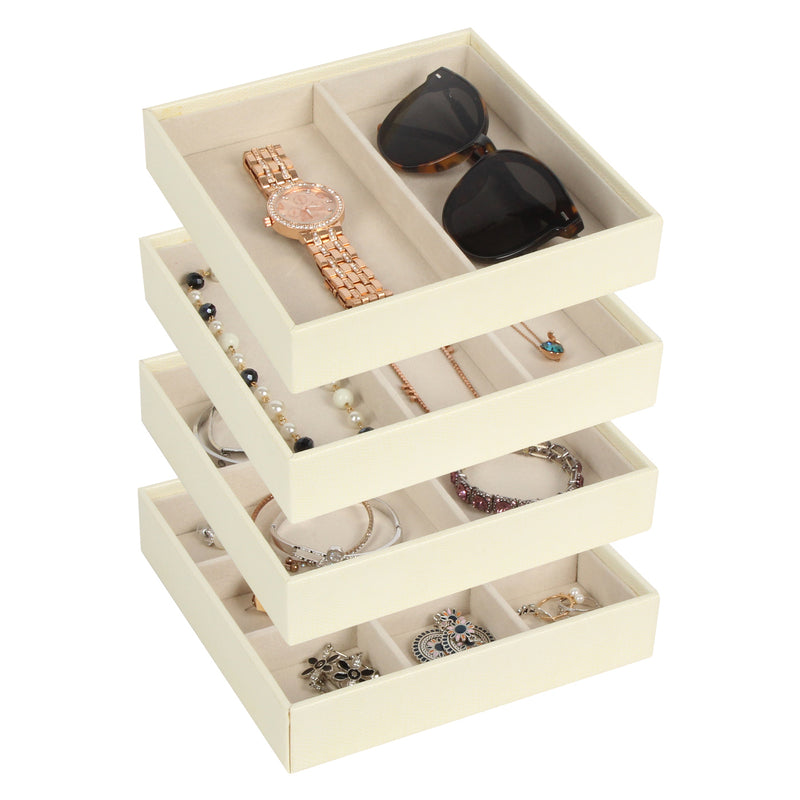 Set of 4 Stackable Leather Jewelry Tray Organizer (Ivory)