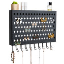 Black Wall Mounted Jewelry Organizer Display with 109 Holes & 19 Hooks