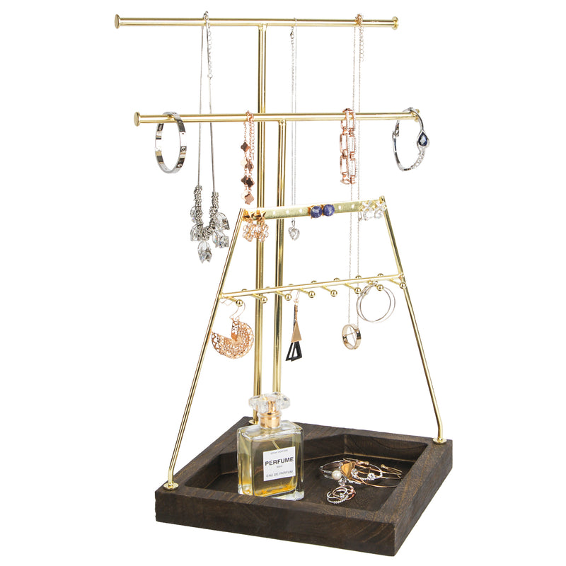 3-Tier Gold Jewelry Tree Stand with Wooden Tray