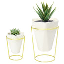 Set of 2 White Modern Taletop Gold Metal Ceramic Plant Vase Stand