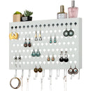 White Wall Mounted Jewelry Organizer Display with 109 Holes & 19 Hooks