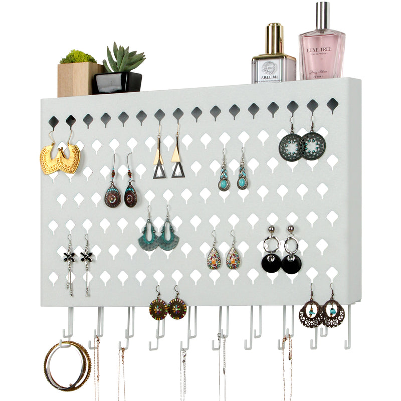 White Wall Mounted Jewelry Organizer Display with 109 Holes & 19 Hooks