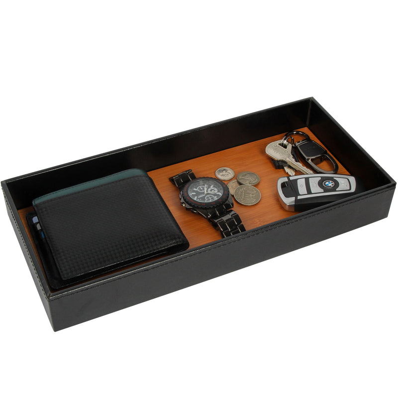 Leather Bamboo Storage Valet Tray Organizer (Black)