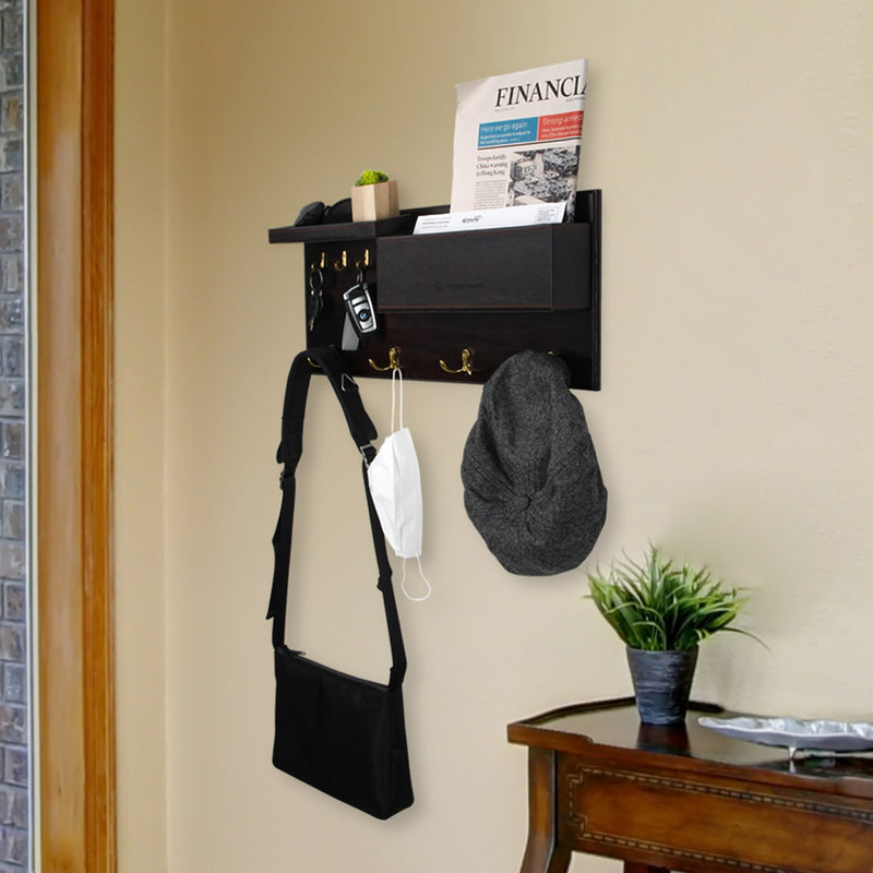 Entryway Coat Hanger with Key Hooks and Faux Brown Leather Shelf