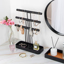 3 Tier Wood Jewelry Display Tree Stand with Leather Tray (Black)