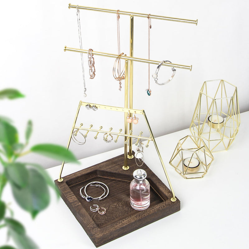 3-Tier Gold Jewelry Tree Stand with Wooden Tray