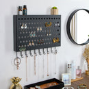 Black Wall Mounted Jewelry Organizer Display with 109 Holes & 19 Hooks