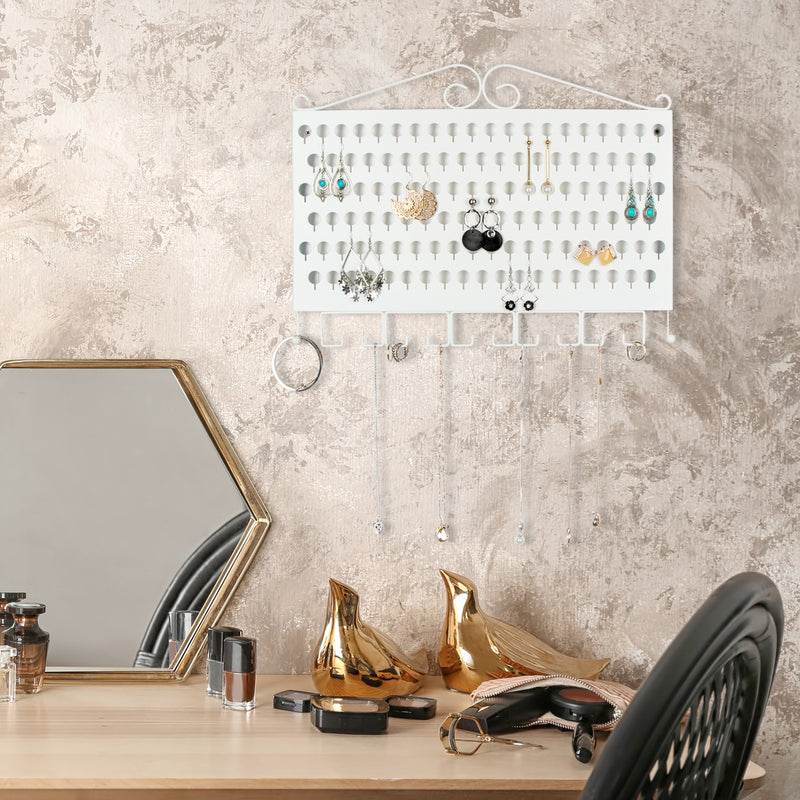 White Wall Mount Jewelry Organizer with 117 Holes & 12 Hooks