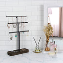 Black Metal Jewelry Tree Stand Organizer with Wood Tray
