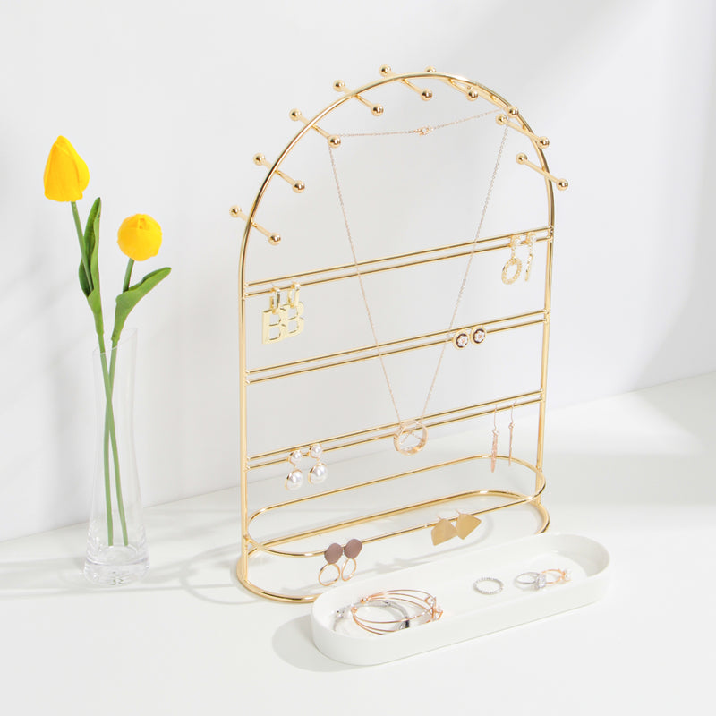 4 Tier Gold Jewelry Display Stand with Ceramic Tray