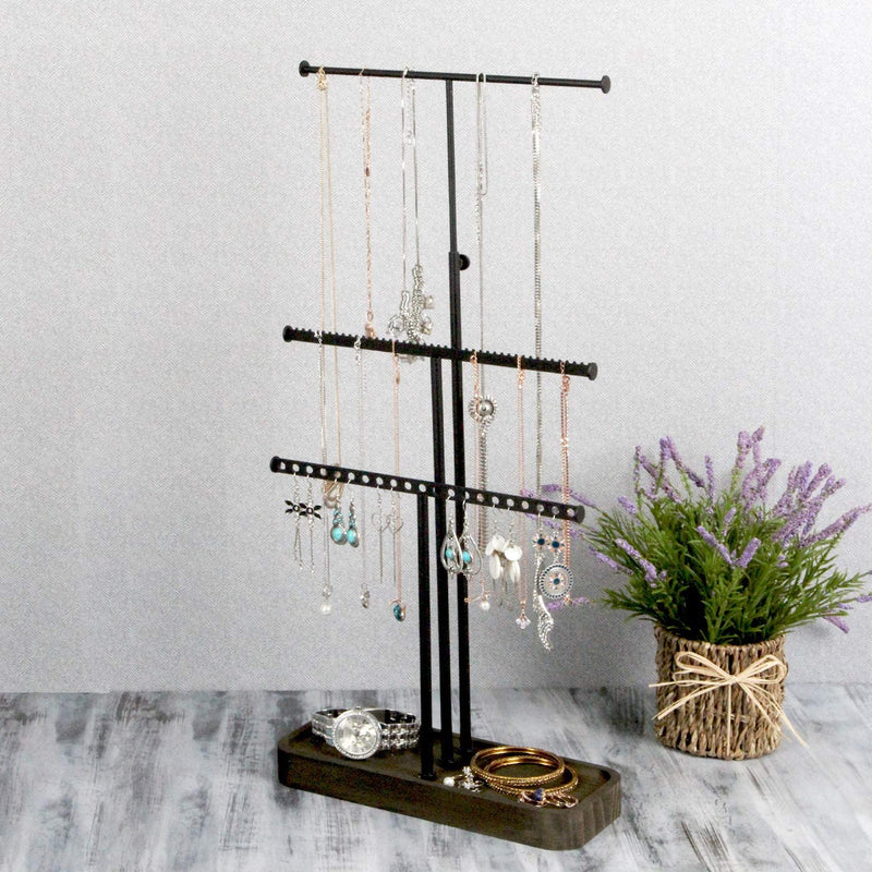Black Metal Jewelry Tree Stand Organizer with Wood Tray