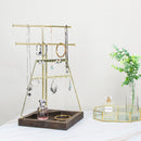 3-Tier Gold Jewelry Tree Stand with Wooden Tray