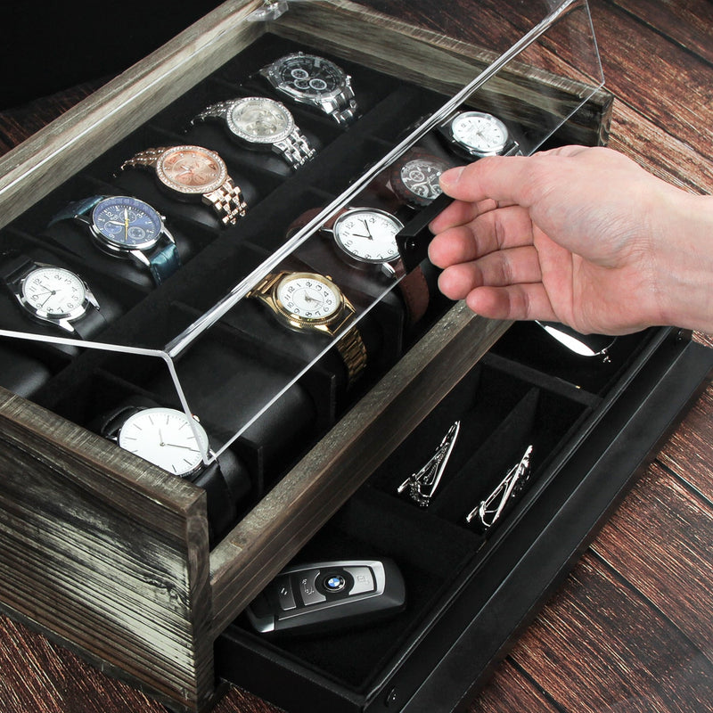 Watch Box Organizer for Men, Wood Watch Display Case with Valet Drawer,  2-Layer Luxury Jewelry Organizer with Real Glass Top, Storage Gift Box for