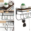 Hanging Jewelry Organizer with 9 Hooks and Toarched Wood Shelf (Black Metal)