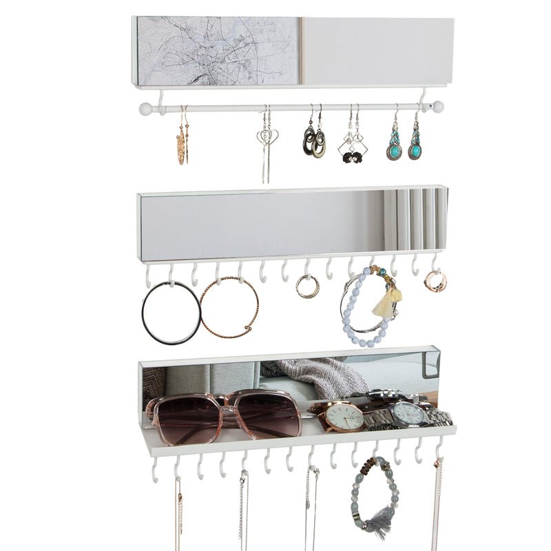 Set of 3 Acrylic Mirror Hanging Jewelry Necklace Organizer with 28 Hooks and Rod