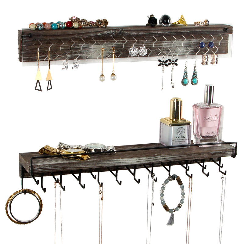 Set of 2 Wall Mount Necklace Holder with 23 Hooks and Shelf