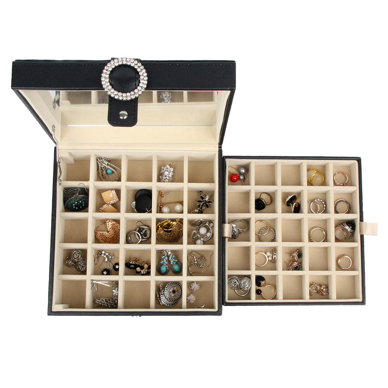 Black Leather Earring Storage Box with 50 Comparments & Mirror Inside