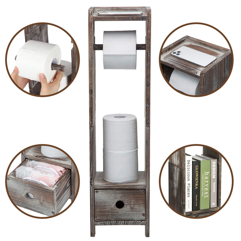 Free Standing Toilet Paper Holder Tissue Paper Holder Stand with Wood Shelf  Rustic Toilet Paper Roll Holder Standing for Farmhouse Bathroom Washroom