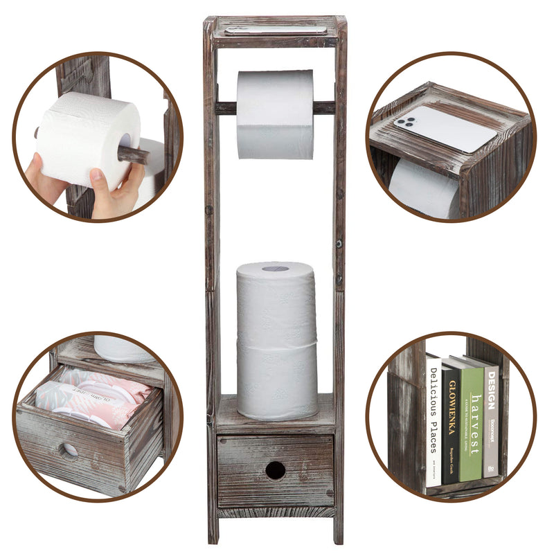 Rustic Wood Toilet Paper Holder Stand with Drawer