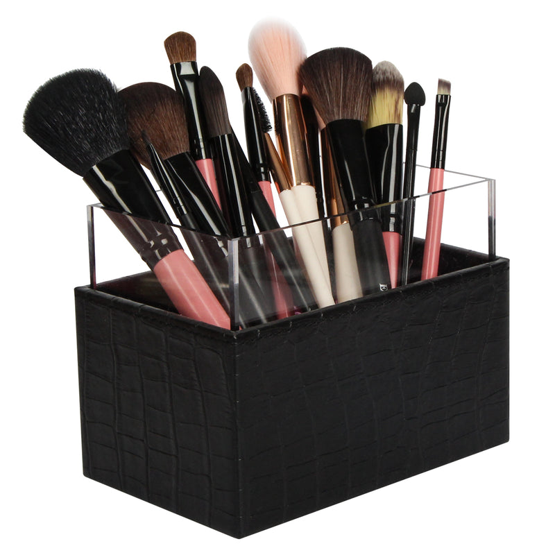 Syntethic Black Leather Makeup Brush Holder with White Pearl