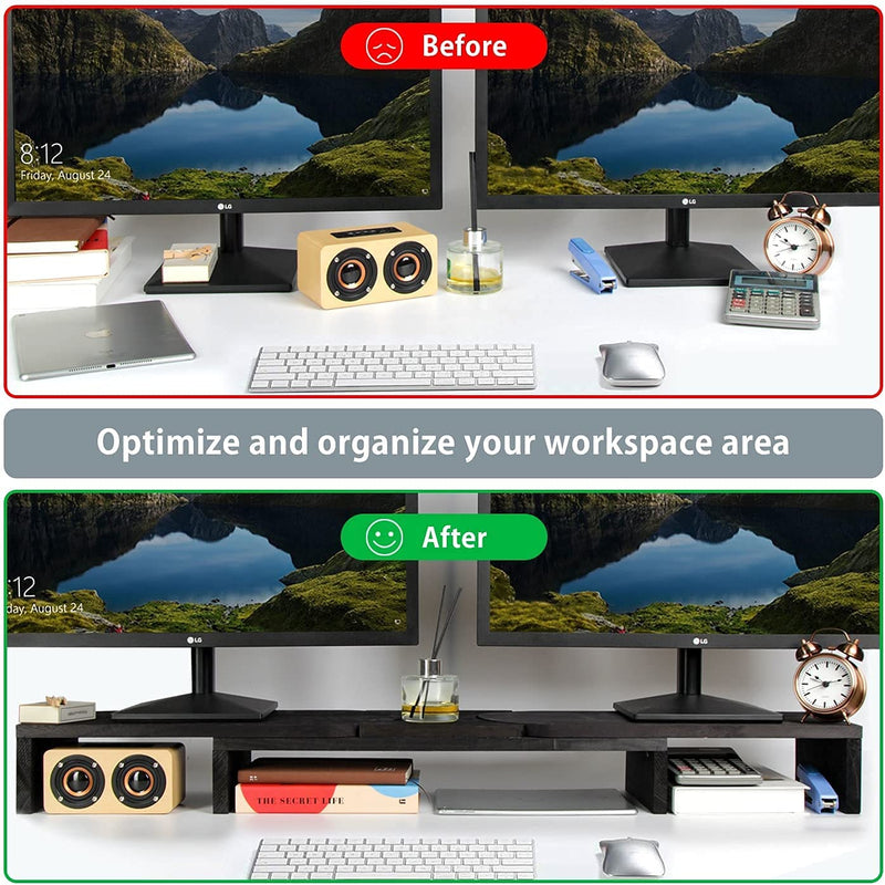 Black Rustic Wood Dual Monitor Stand