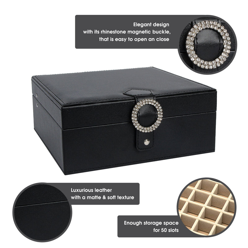 Black Leather Earring Storage Box with 50 Comparments & Mirror Inside