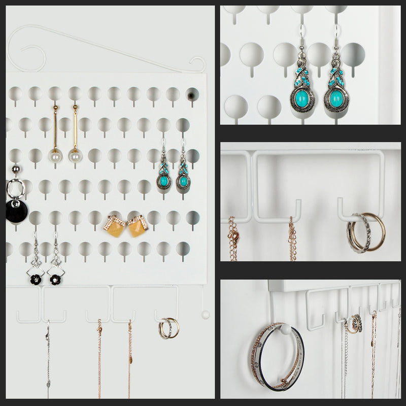White Wall Mount Jewelry Organizer with 117 Holes & 12 Hooks