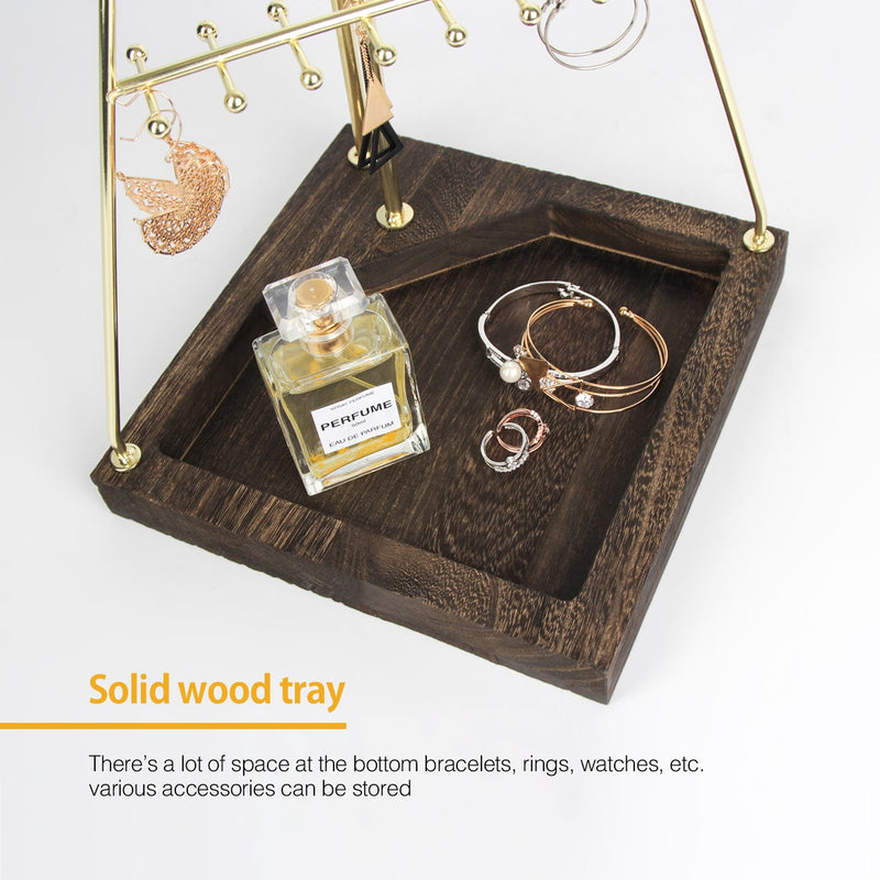 3-Tier Gold Jewelry Tree Stand with Wooden Tray