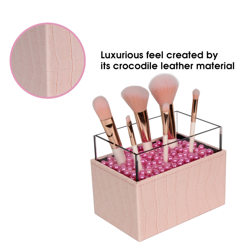 Syntethic Pink Leather Makeup Brush Holder with Pink Pearl