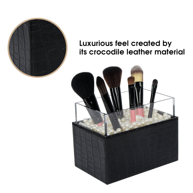 Syntethic Black Leather Makeup Brush Holder with White Pearl