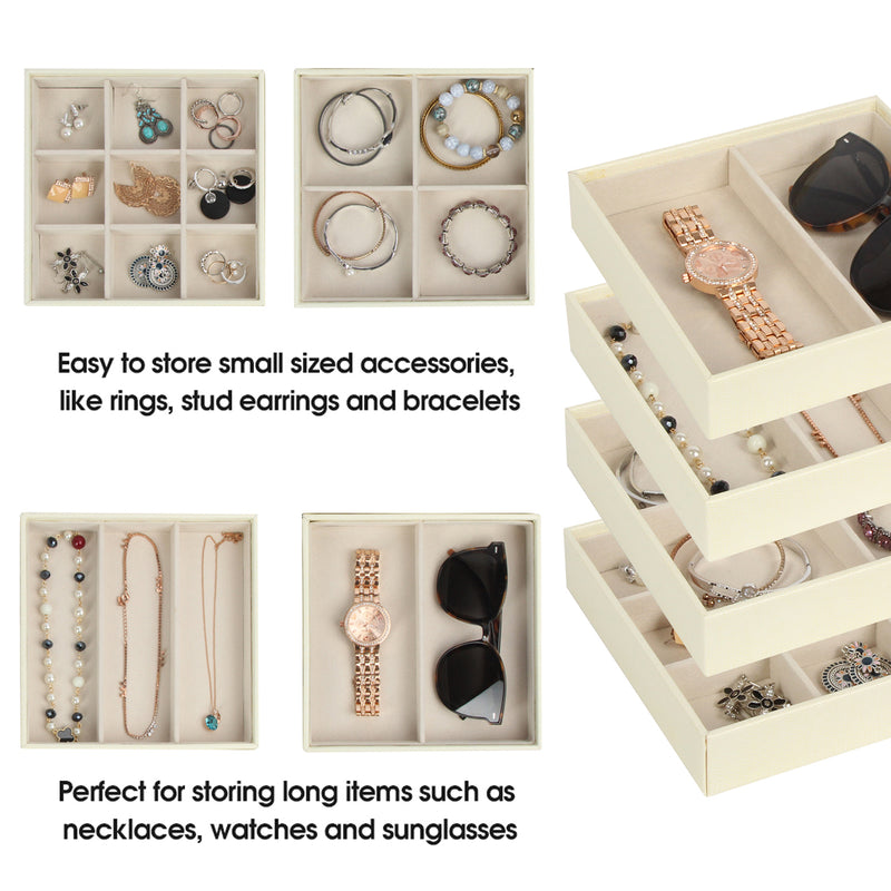 Set of 4 Stackable Leather Jewelry Tray Organizer (Ivory)
