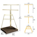 3-Tier Gold Jewelry Tree Stand with Wooden Tray