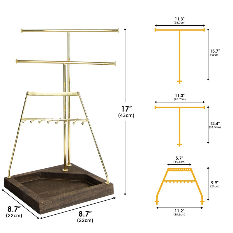 3-Tier Gold Jewelry Tree Stand with Wooden Tray