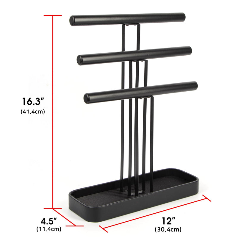 3 Tier Wood Jewelry Display Tree Stand with Leather Tray (Black)