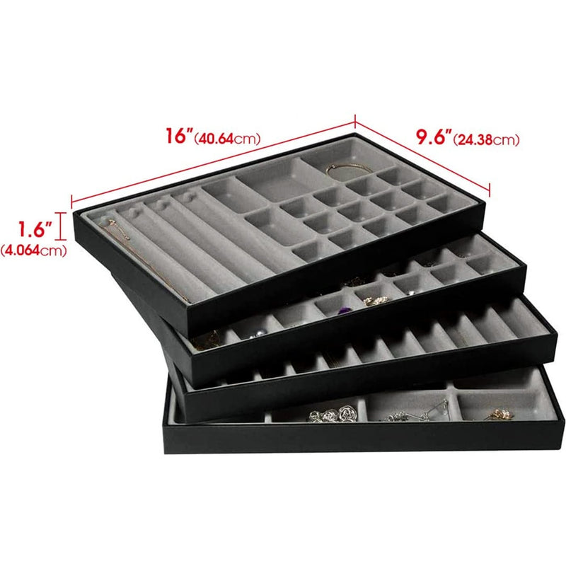 Set of 4 Different Stackable Synthetic Leather Jewelry Black Tray (Gray Leather)