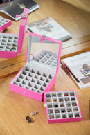 Pink Leather Earring Storage Box with 50 Comparments & Mirror Inside