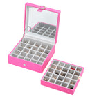 Pink Leather Earring Storage Box with 50 Comparments & Mirror Inside