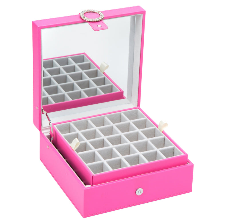 Pink Leather Earring Storage Box with 50 Comparments & Mirror Inside