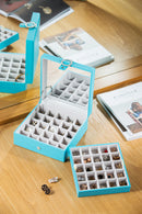 Blue Leather Earring Storage Box with 50 Comparments & Mirror Inside