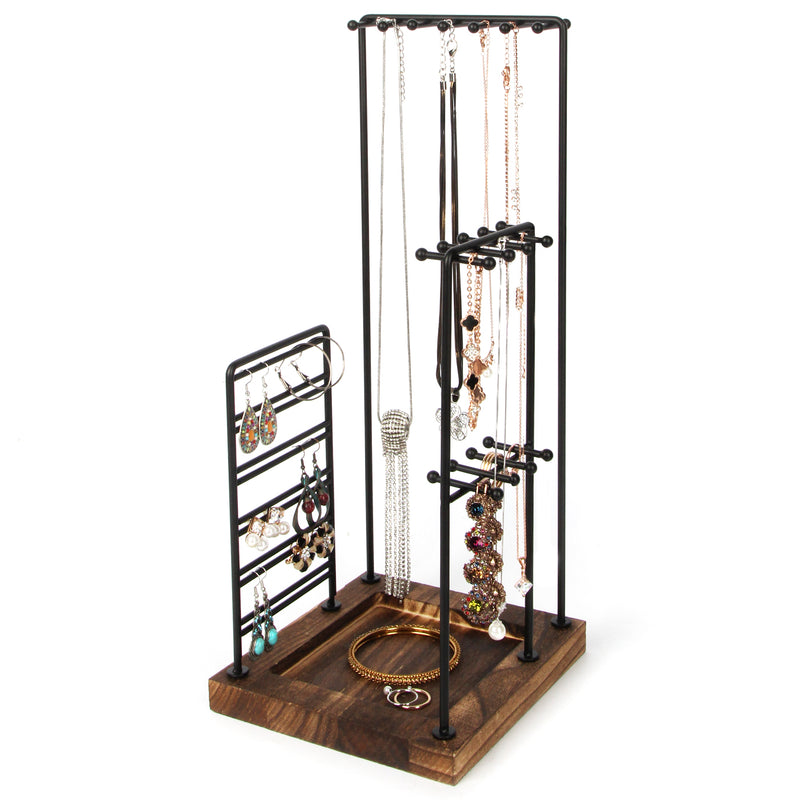 Jewelry Tree Organizer Display Stand (Black Metal with Rustic Tray)