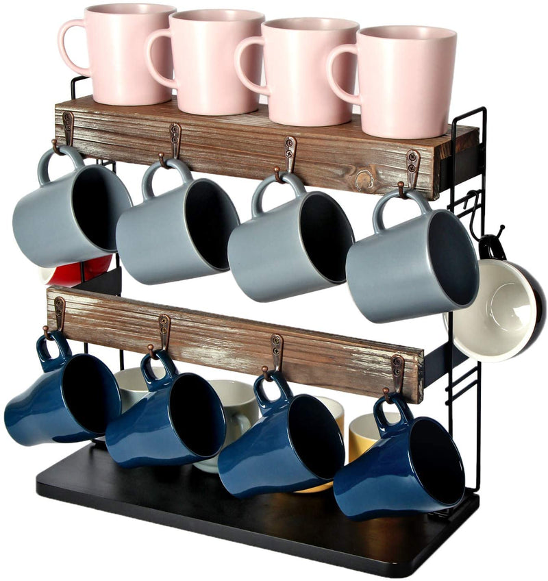 2 Tier Countertop Coffee Mug Cup Holder Shelf with 10 Hooks – J