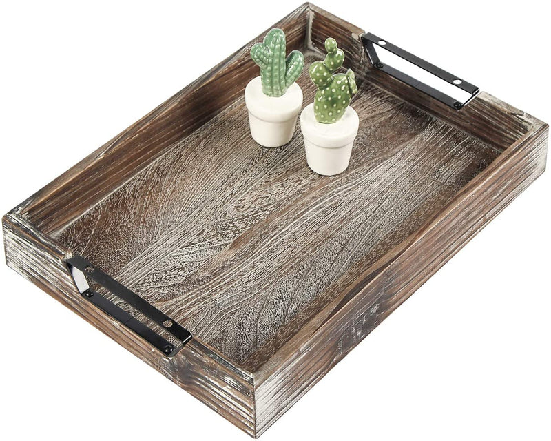 Rustic Wood Serving Tray with Metal Handles