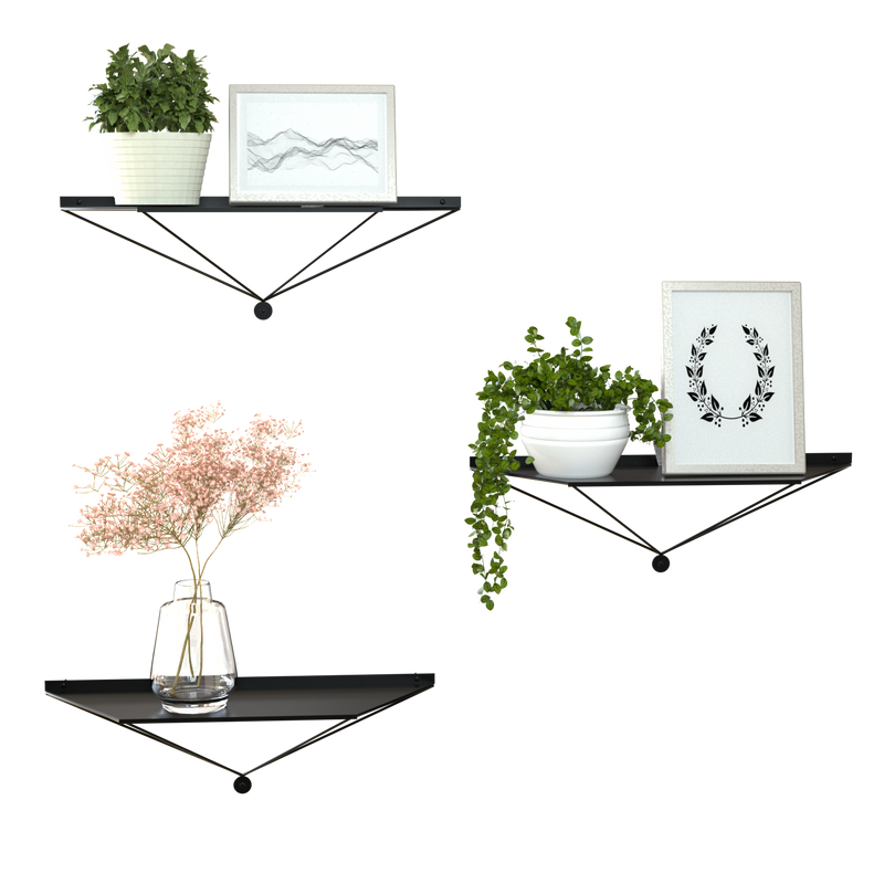 Set of 3 Black Metal Wall Mount Floating Shelves