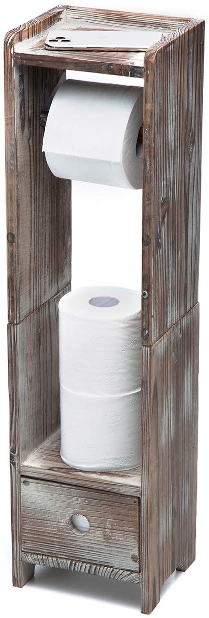 Rustic Wood Toilet Paper Holder Stand with Drawer