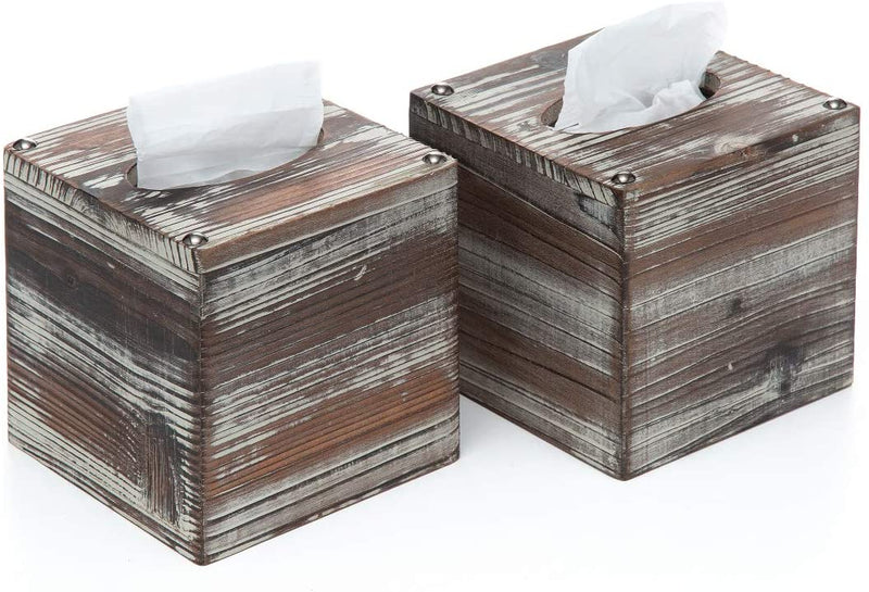 Set of 2 Rustic Wood Square Tissue Box Holder Cover