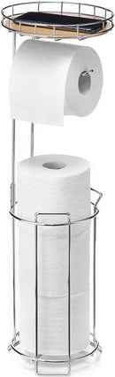 Toilet Paper Holder Stand with Metal Wire Bamboo Shelf