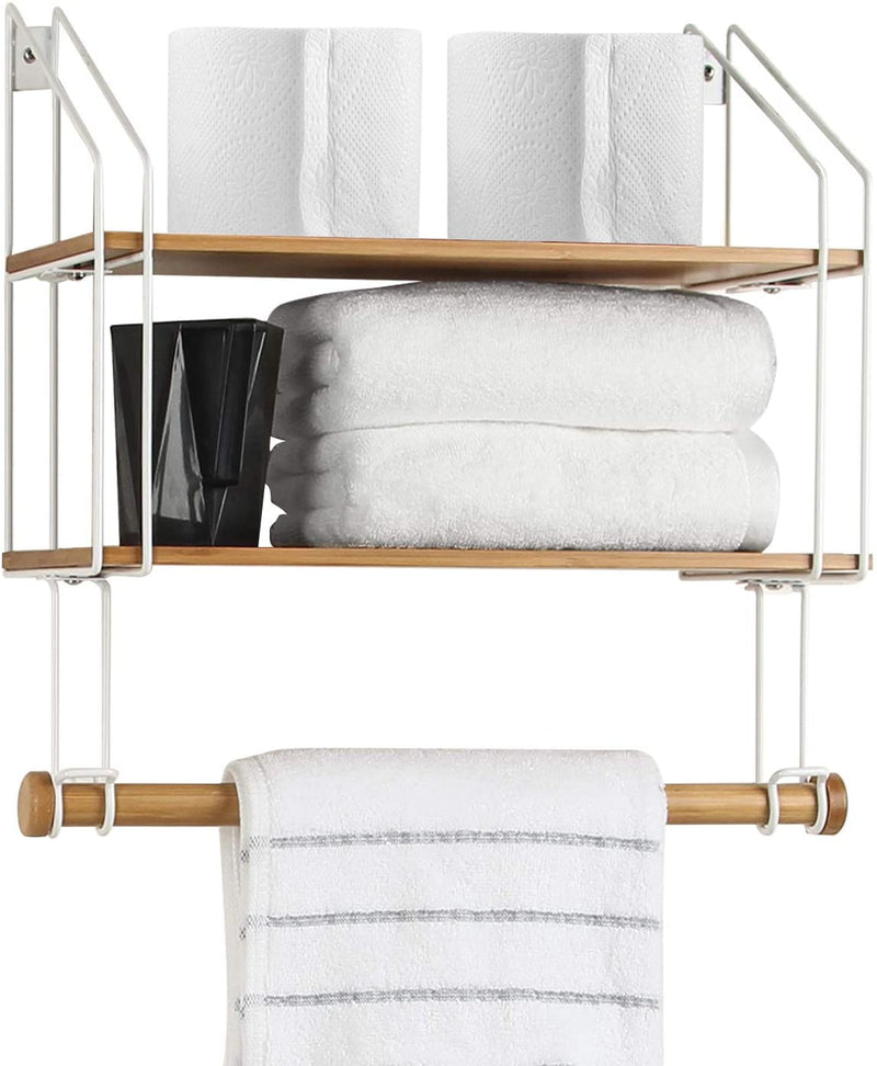 2 Tier Bathroom Floating Shelf Storage Rack with 6 Hooks & Towel Bar