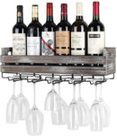 Wall Mount Metal and Wood Wine Bottle Rack with 5 Glass Holder