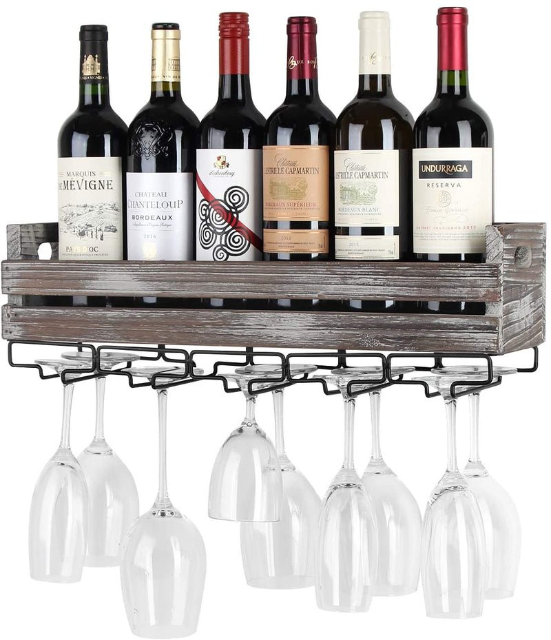 Wall Mount Metal and Wood Wine Bottle Rack with 5 Glass Holder