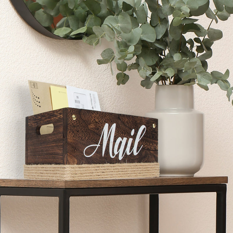 Rustic Torched Wooden Tabletop Mail Organizer Box for Entryways